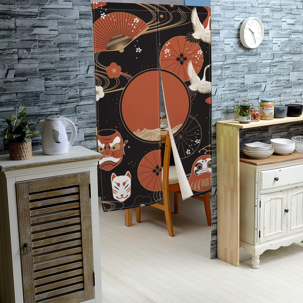 Japanese Noren Doorway Curtain Red Fan Painted Tapestry 33.5"x 70.9" J905