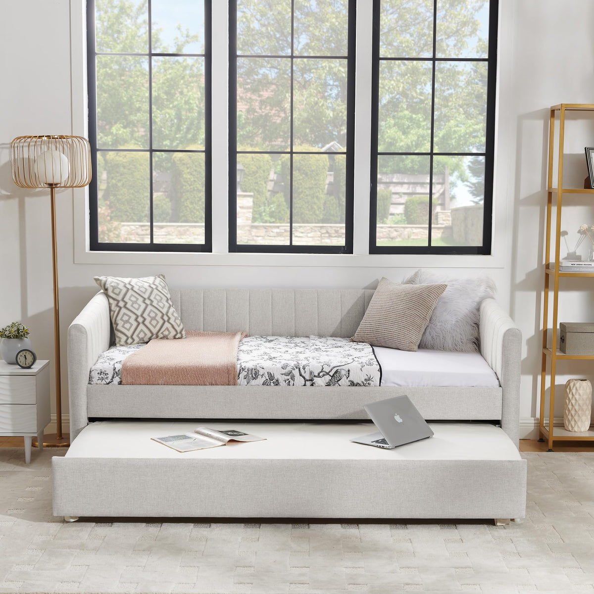 Twin Size Upholstery Daybed with Trundle and Vertical Stripes R338516
