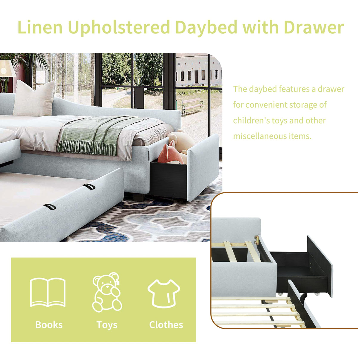 Green Gray Linen Fabric Upholstered Twin Size Daybed with Trundle and Drawer E656