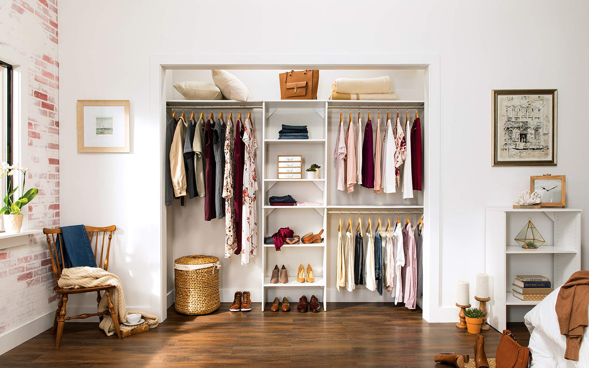 Wood Closet Organizer System with Tower and 3 Hang Rods and Shelving H464262