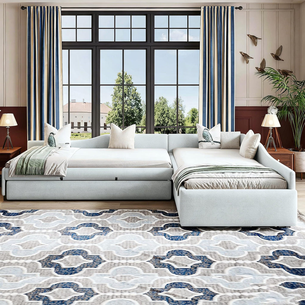 Green Gray Linen Fabric Upholstered Twin Size Daybed with Trundle and Drawer E656