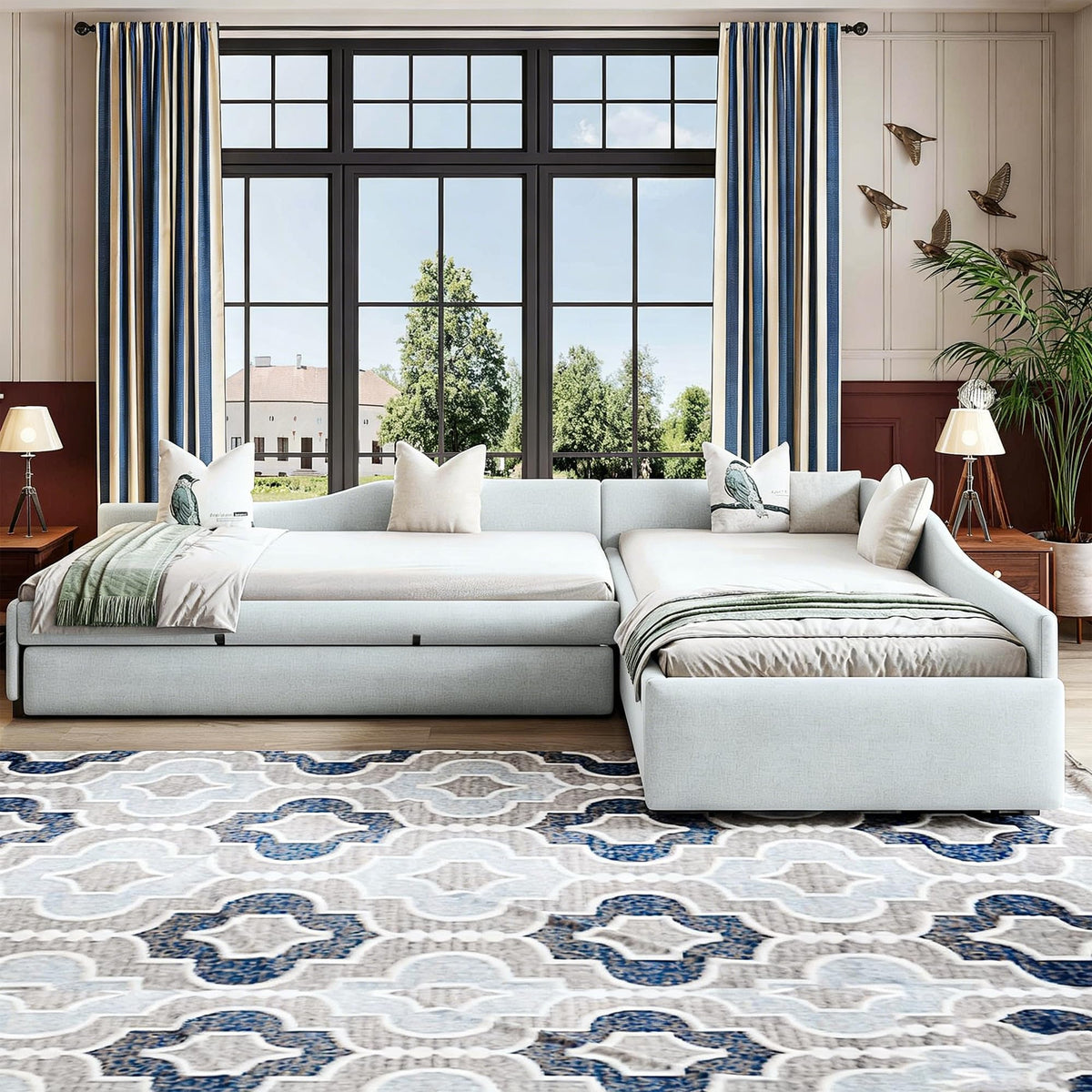 Green Gray Linen Fabric Upholstered Twin Size Daybed with Trundle and Drawer E656