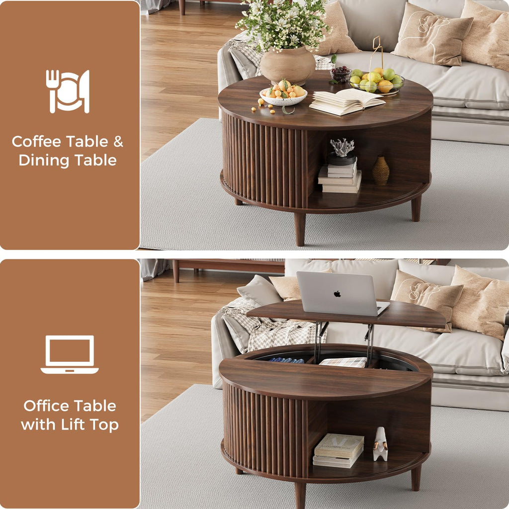 Lift Top Coffee Table with Storage, Fluted Round Center Table with Sliding Cabinet Door, Walnut I285