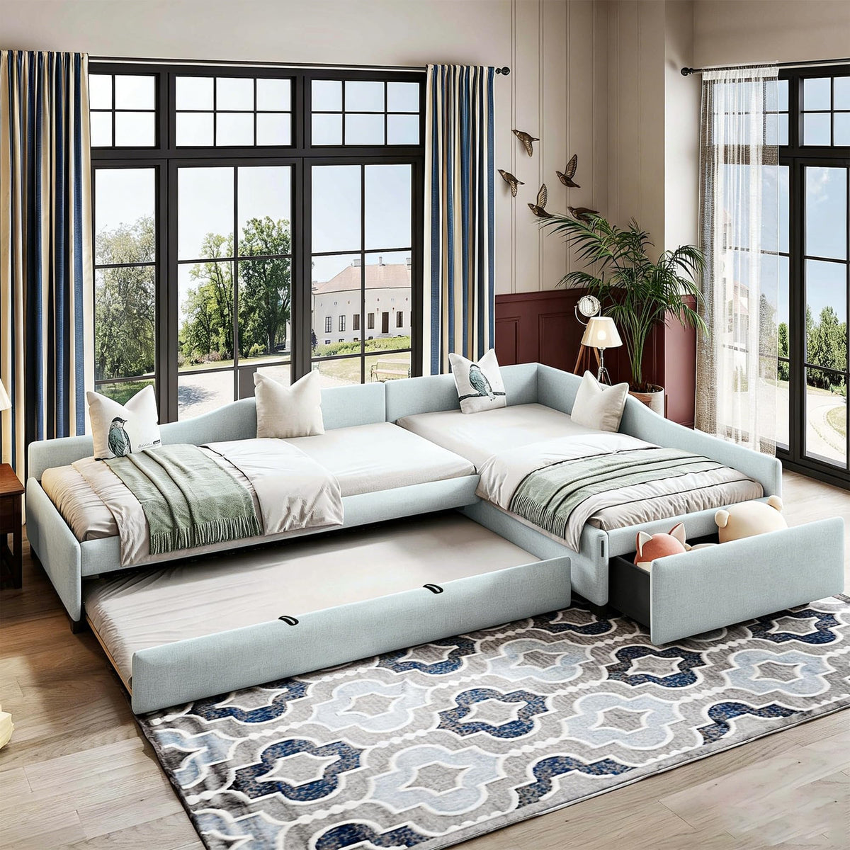 Green Gray Linen Fabric Upholstered Twin Size Daybed with Trundle and Drawer E656