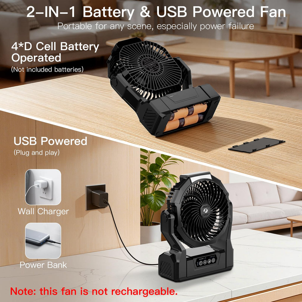 Battery Operated Portable Fan with 4 Speeds, 3 Timers & 2 Light Modes, Black K775