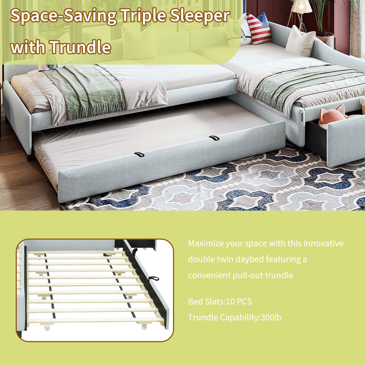Green Gray Linen Fabric Upholstered Twin Size Daybed with Trundle and Drawer E656