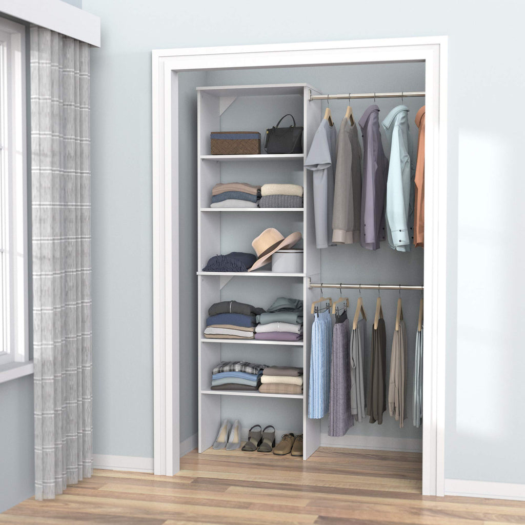 Wood Closet Organizer System with Tower and 3 Hang Rods and Shelving H464262
