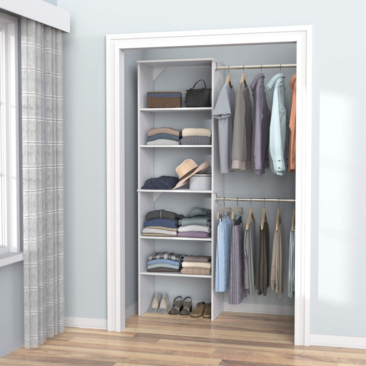 Wood Closet Organizer System with Tower and 3 Hang Rods and Shelving H464262