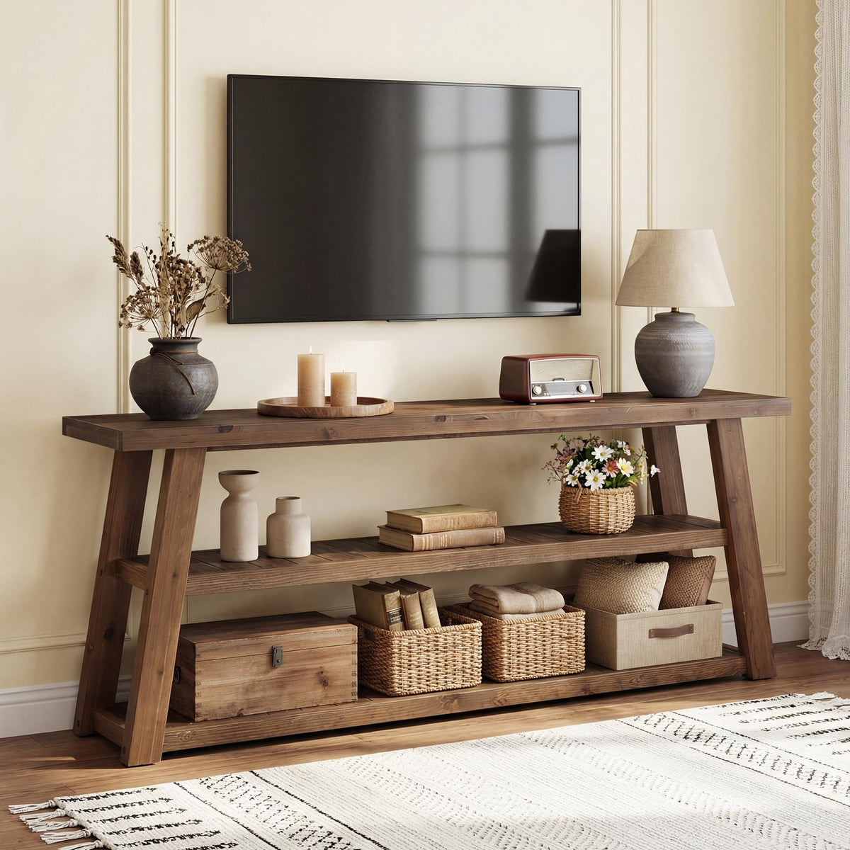 3-Tier Solid Wood TV Stand with Open Storage Shelves G604777