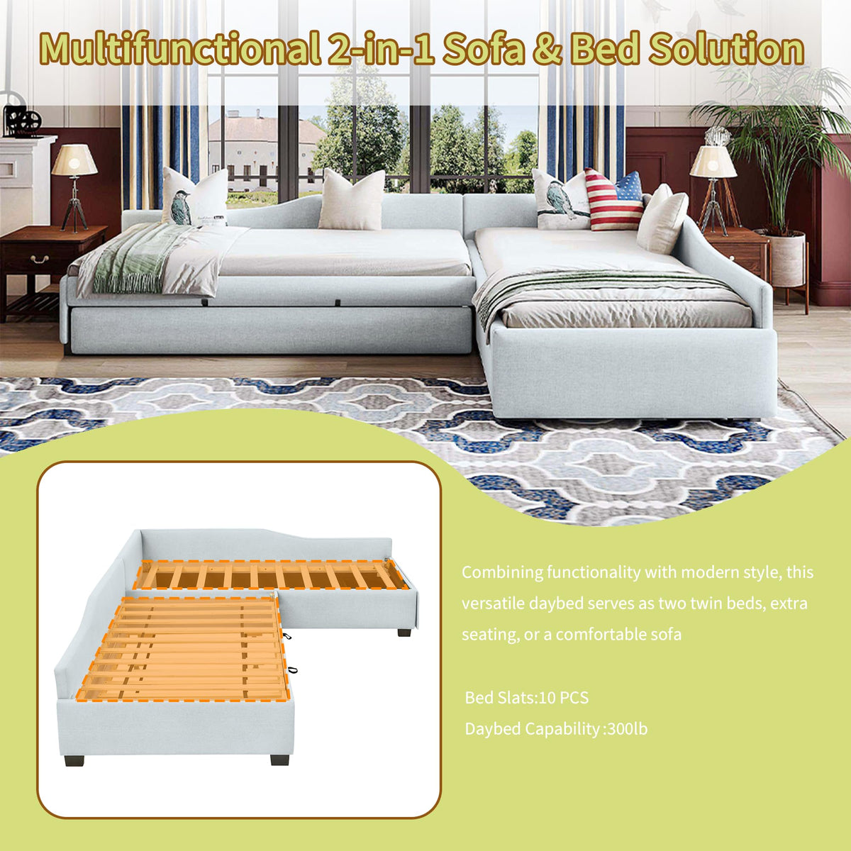 Green Gray Linen Fabric Upholstered Twin Size Daybed with Trundle and Drawer E656