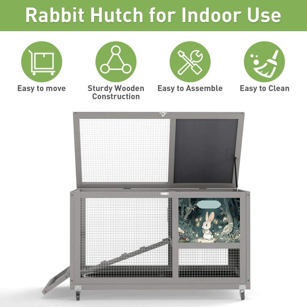 36.5" Two-Level Wooden Rabbit Hutch with Casters & Ramp Z7174