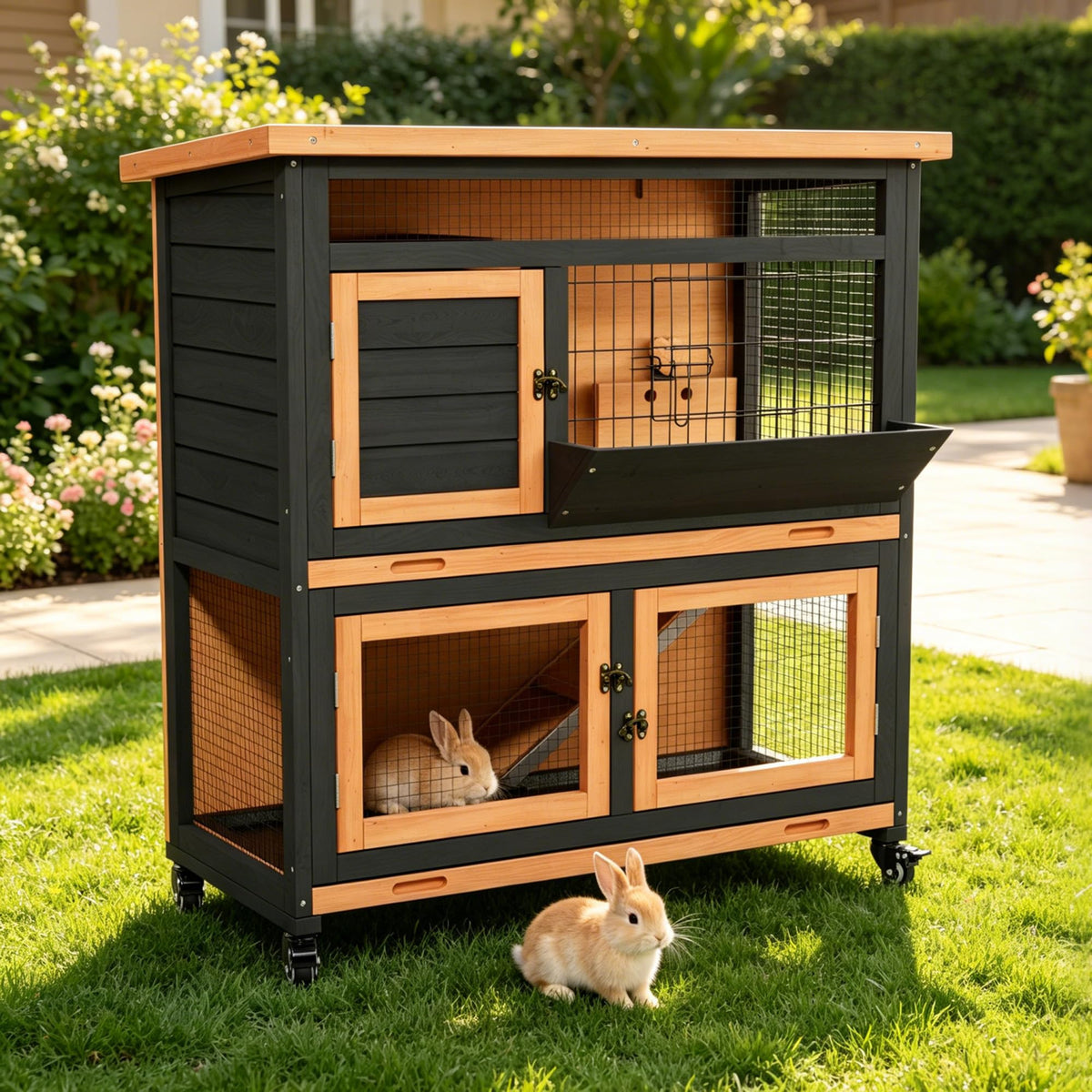 2-Story Wooden Rabbit Hutch Guinea Pig Cage with Wheels D732