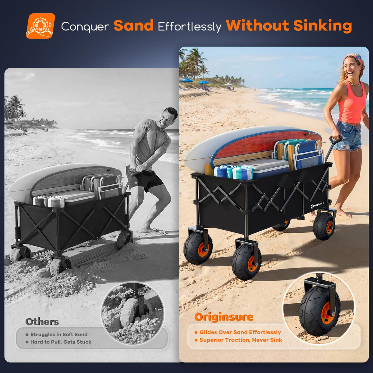 Foldable Beach Wagon with Big Balloon Wheels, 560lbs, Black S87976