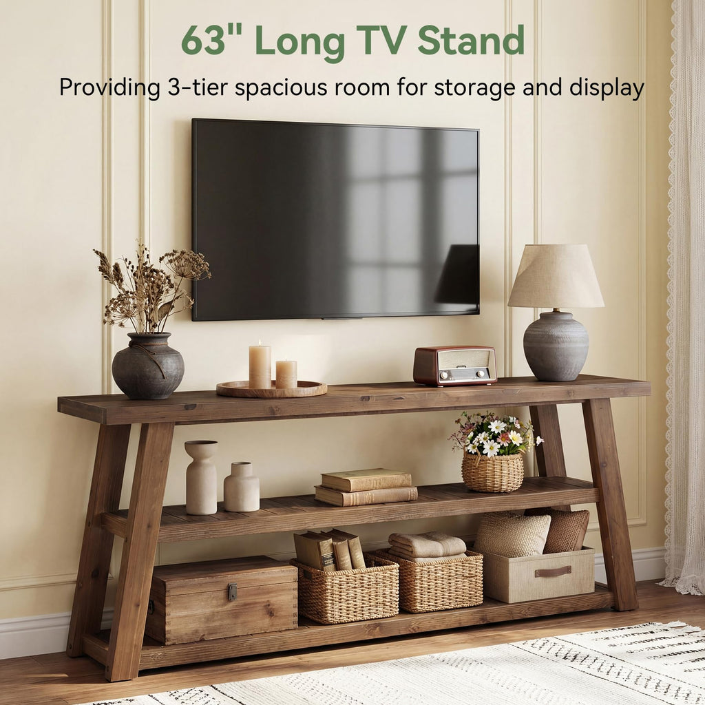 3-Tier Solid Wood TV Stand with Open Storage Shelves G604777