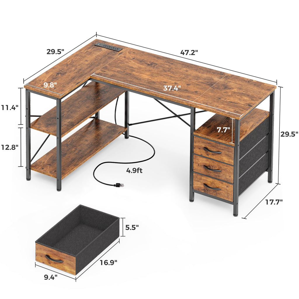 L Shaped Office Desk with Power Outlets & 3 Drawers X3807
