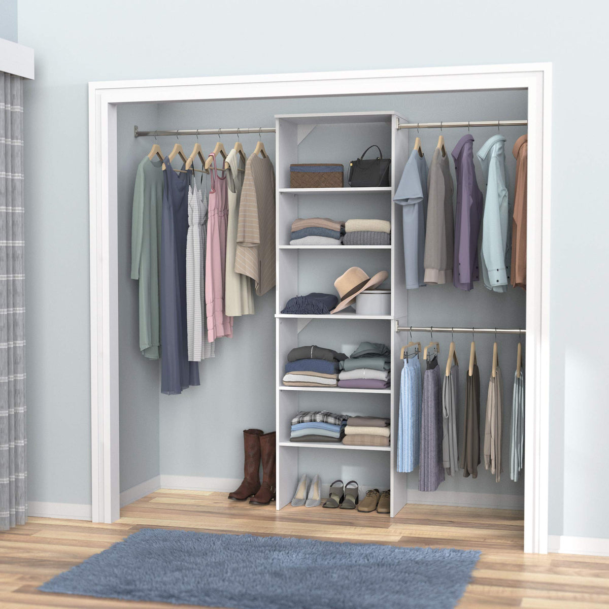 Wood Closet Organizer System with Tower and 3 Hang Rods and Shelving H464262