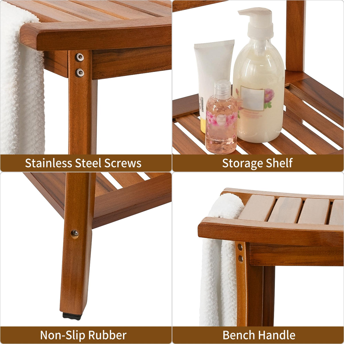 Teak Shower Bench Seat with Handles X33127