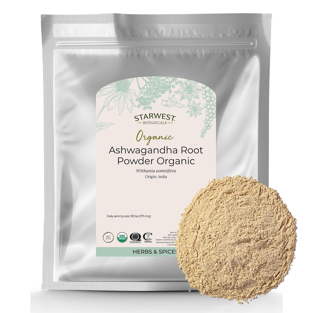 Organic Ashwagandha Root Powder 1 lb Bag K84062