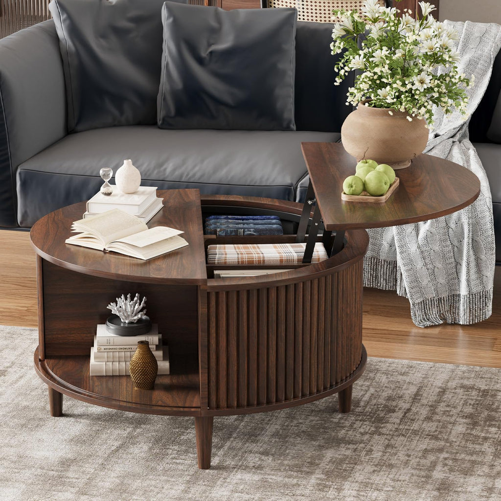 Lift Top Coffee Table with Storage, Fluted Round Center Table with Sliding Cabinet Door, Walnut I285