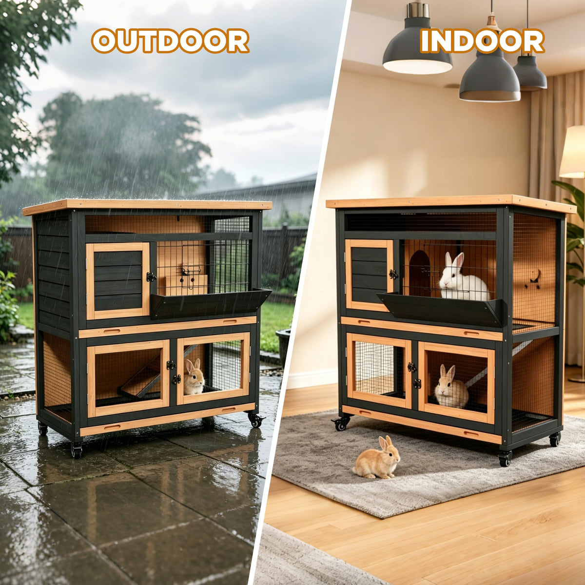 2-Story Wooden Rabbit Hutch Guinea Pig Cage with Wheels D732