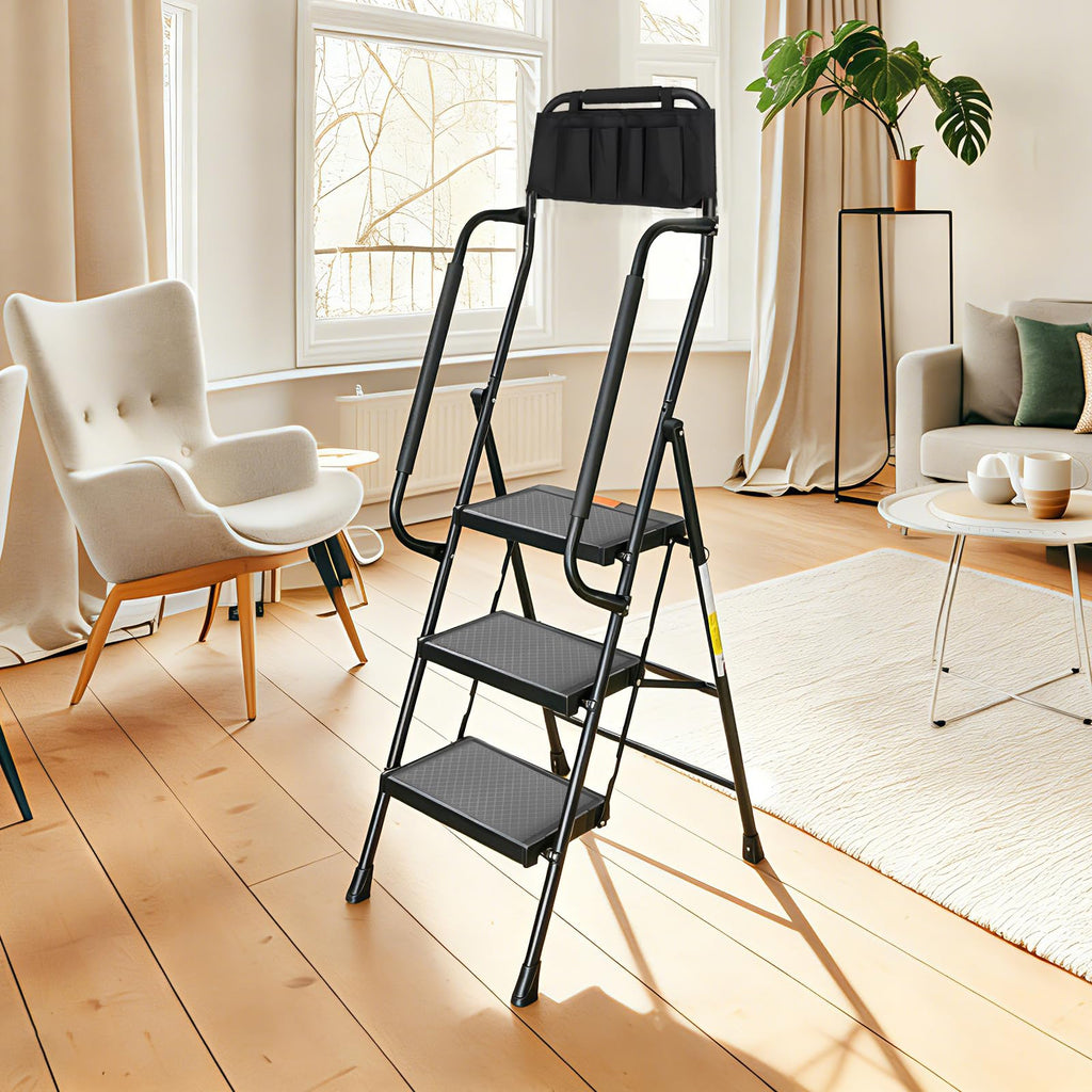 3 Step Folding Step Ladder with Handrails, 500 Lbs Capacity, Black P9184