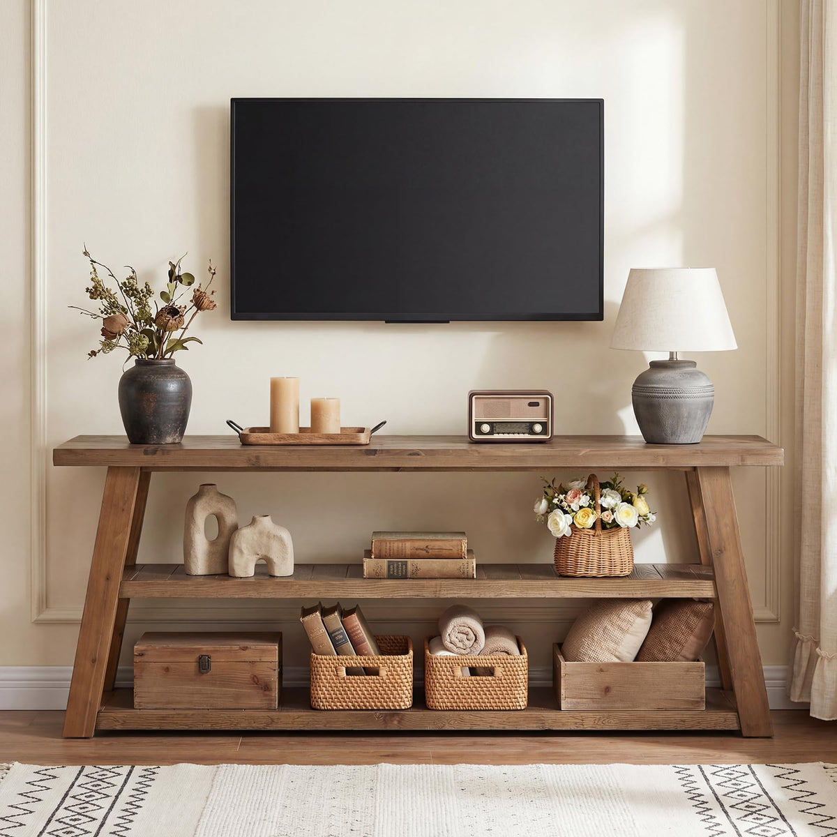 3-Tier Solid Wood TV Stand with Open Storage Shelves G604777
