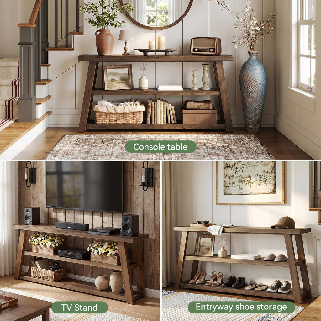 3-Tier Solid Wood TV Stand with Open Storage Shelves G604777