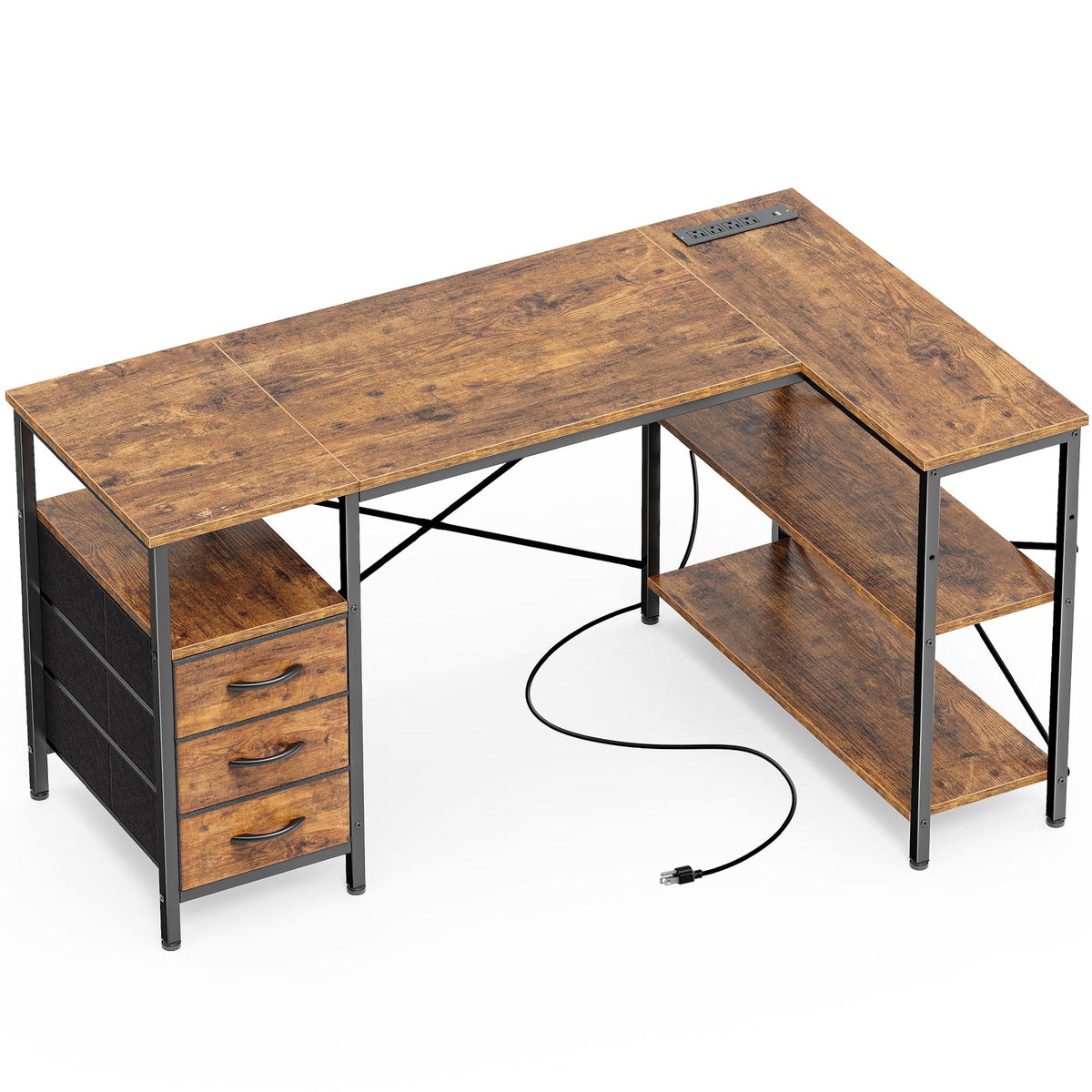 L Shaped Office Desk with Power Outlets & 3 Drawers X3807