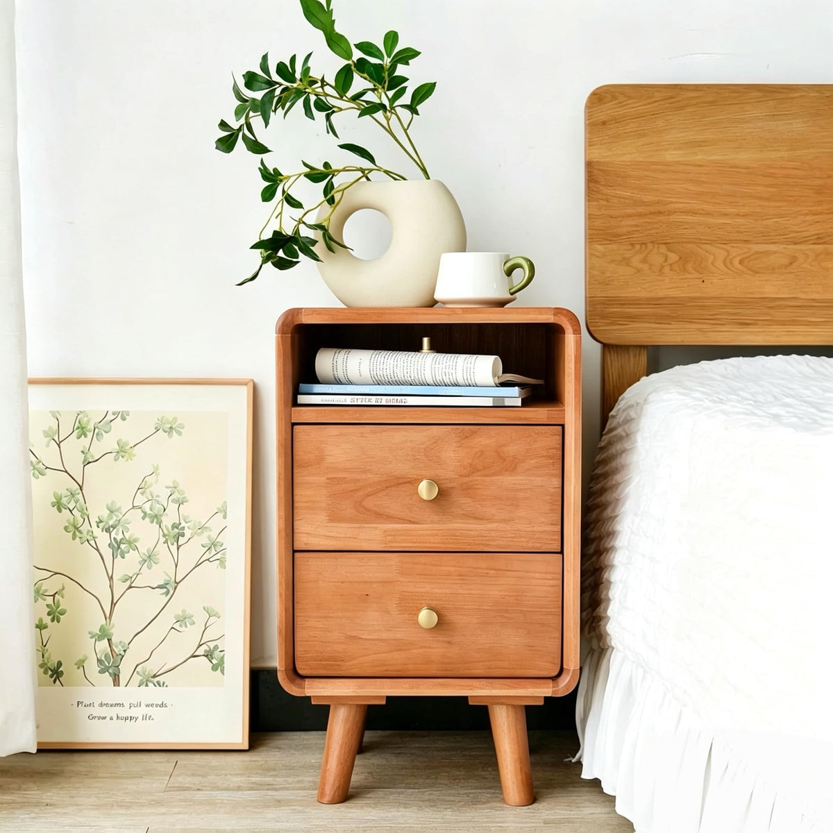 Solid Wood 2 Drawer Narrow Nightstand O560372