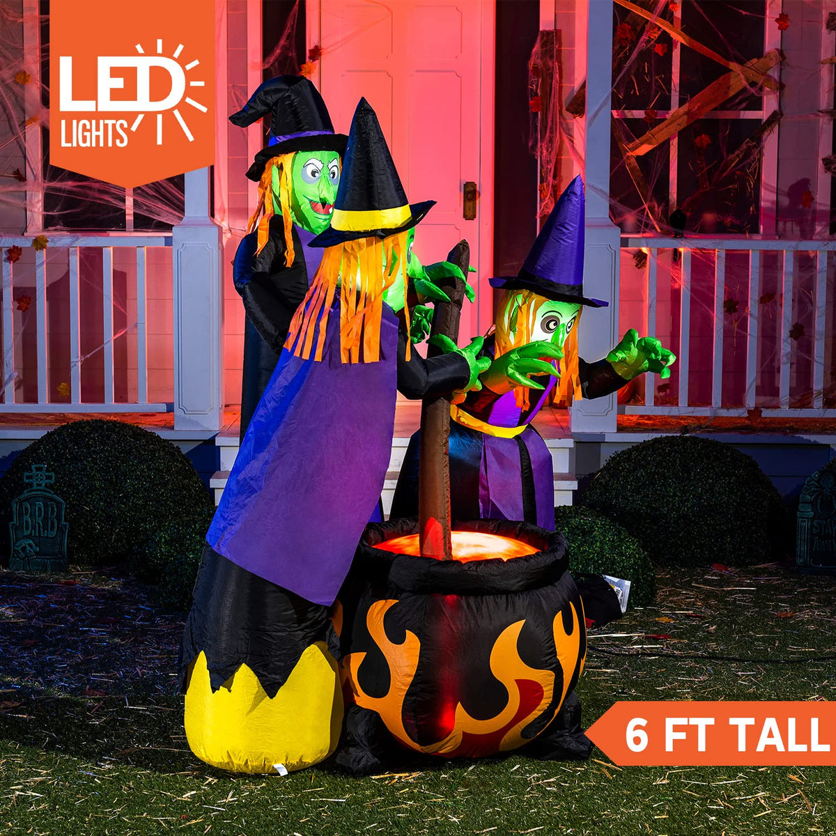 6 FT Halloween Inflatables Three Witch Cauldron with LEDs C894