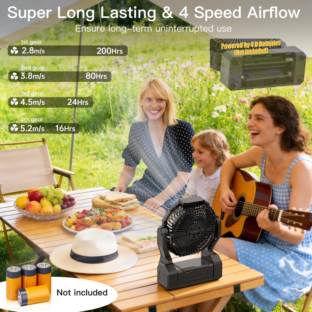 Battery Operated Portable Fan with 4 Speeds, 3 Timers & 2 Light Modes, Black K775