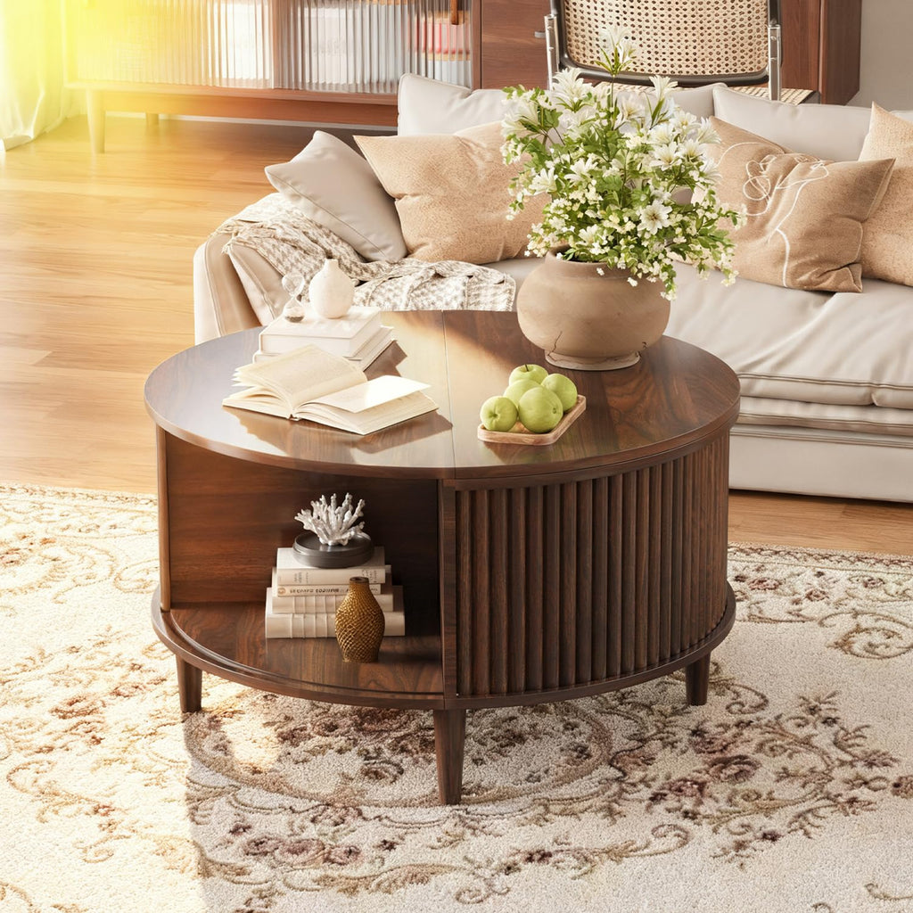 Lift Top Coffee Table with Storage, Fluted Round Center Table with Sliding Cabinet Door, Walnut I285