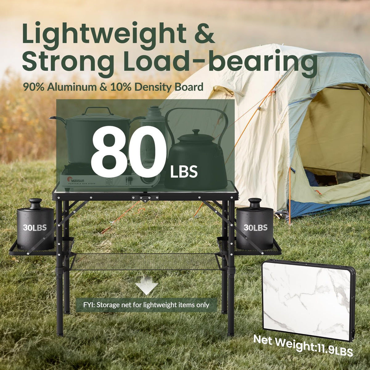 Folding Camping Table 3ft Aluminum with Side Racks & Storage Net E4125