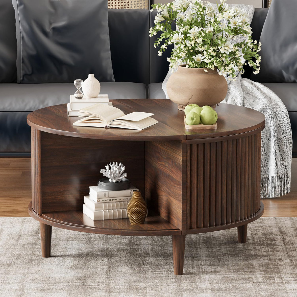 Lift Top Coffee Table with Storage, Fluted Round Center Table with Sliding Cabinet Door, Walnut I285