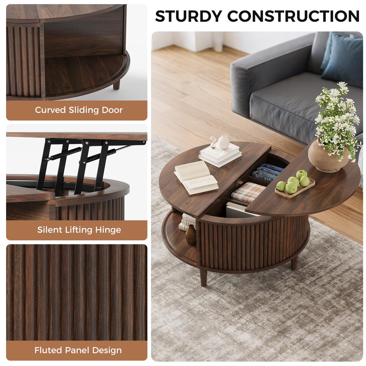 Lift Top Coffee Table with Storage, Fluted Round Center Table with Sliding Cabinet Door, Walnut I285