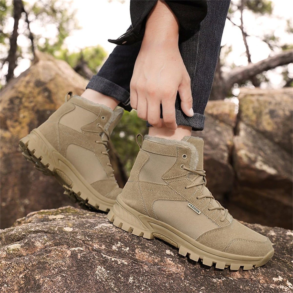 Mid Top Fur Lined Suede Leather Waterproof Military Tactical Boots O4599