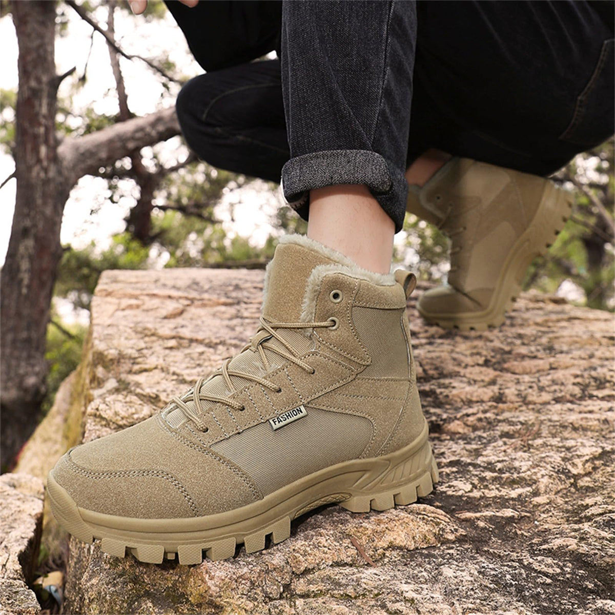 Mid Top Fur Lined Suede Leather Waterproof Military Tactical Boots O4599