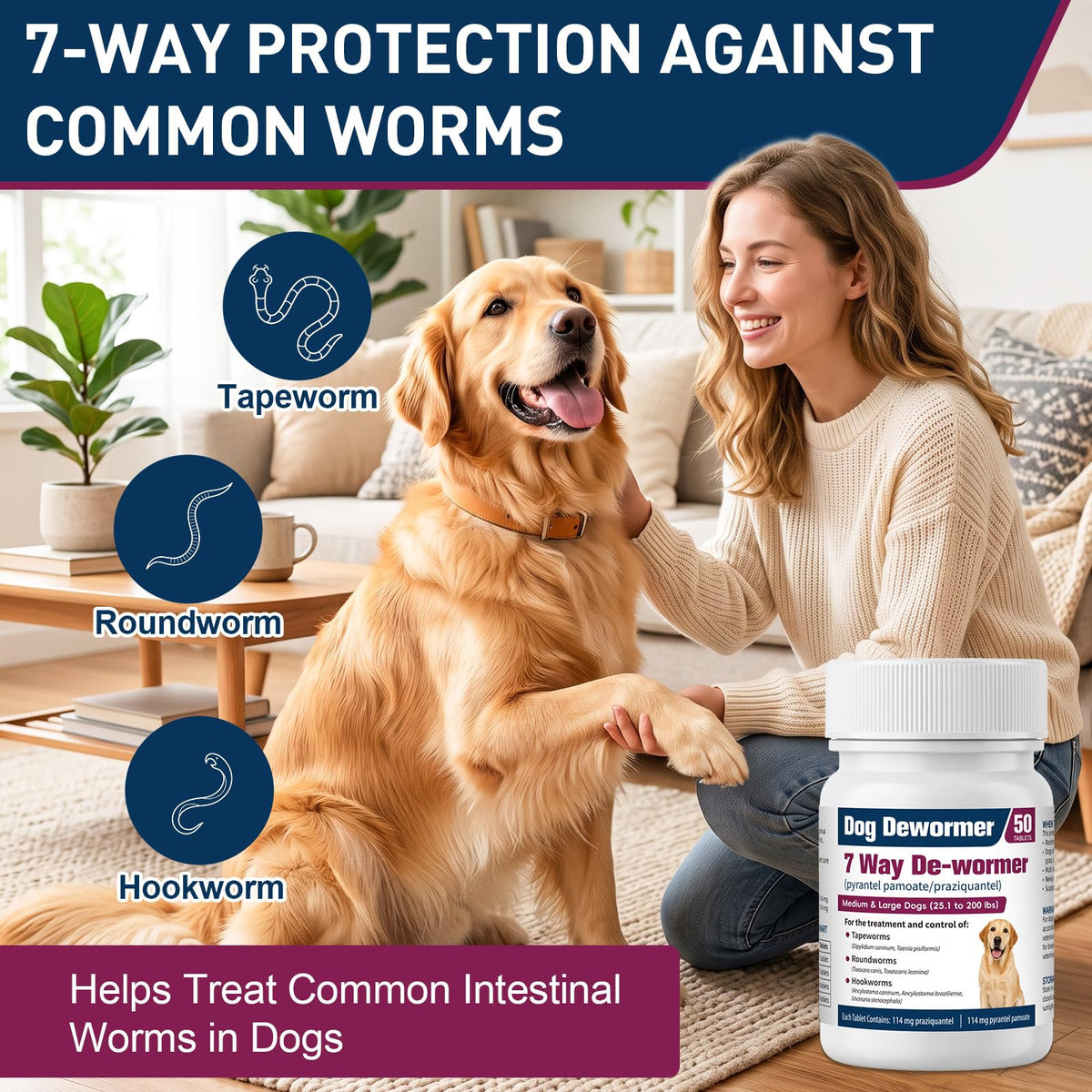 7-Way Dewormer for Large Dogs & Puppies, 50 Tablets E93306