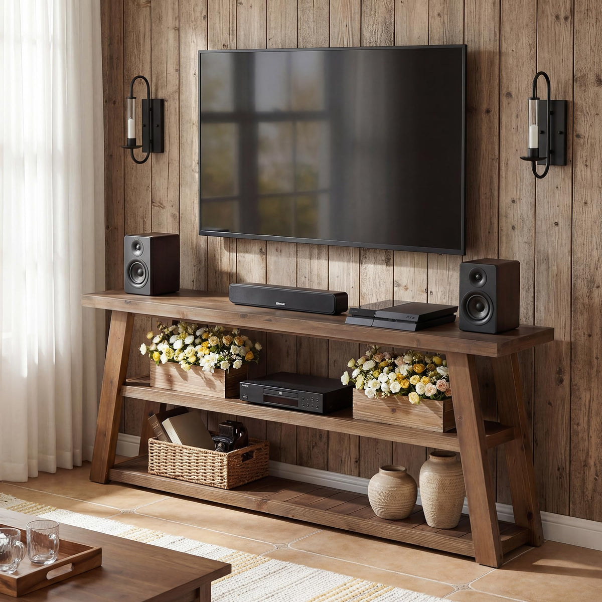 3-Tier Solid Wood TV Stand with Open Storage Shelves G604777