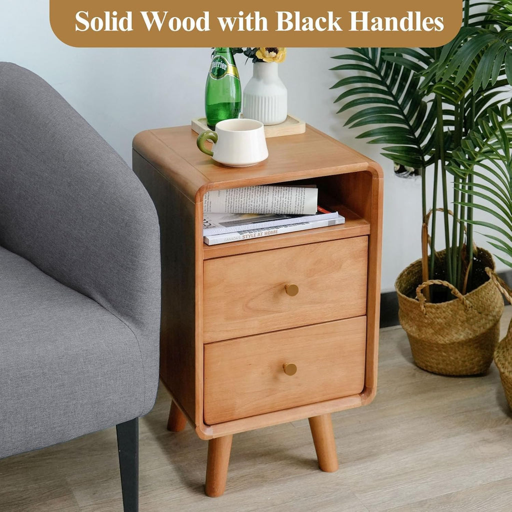 Solid Wood 2 Drawer Narrow Nightstand O560372