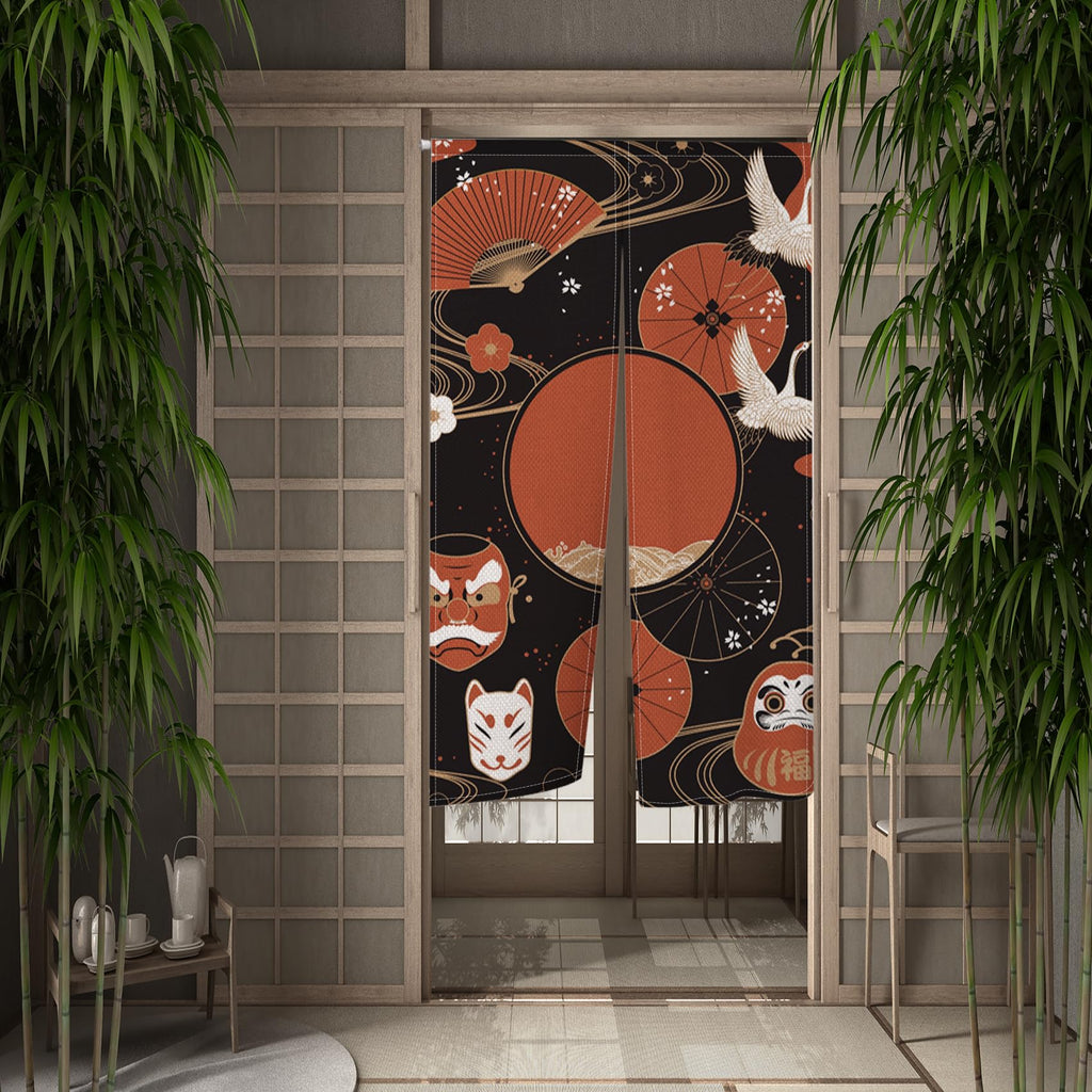 Japanese Noren Doorway Curtain Red Fan Painted Tapestry 33.5"x 70.9" J905