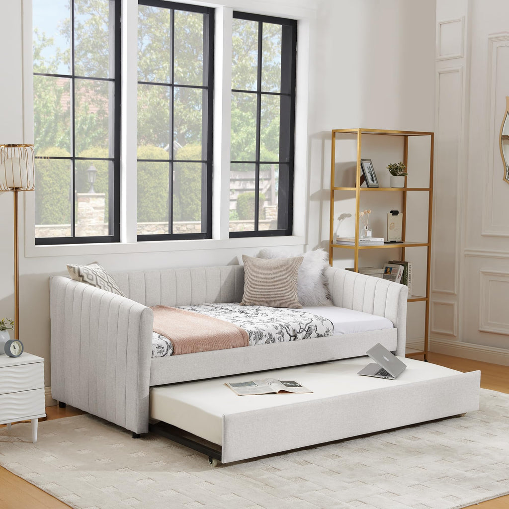 Twin Size Upholstery Daybed with Trundle and Vertical Stripes R338516