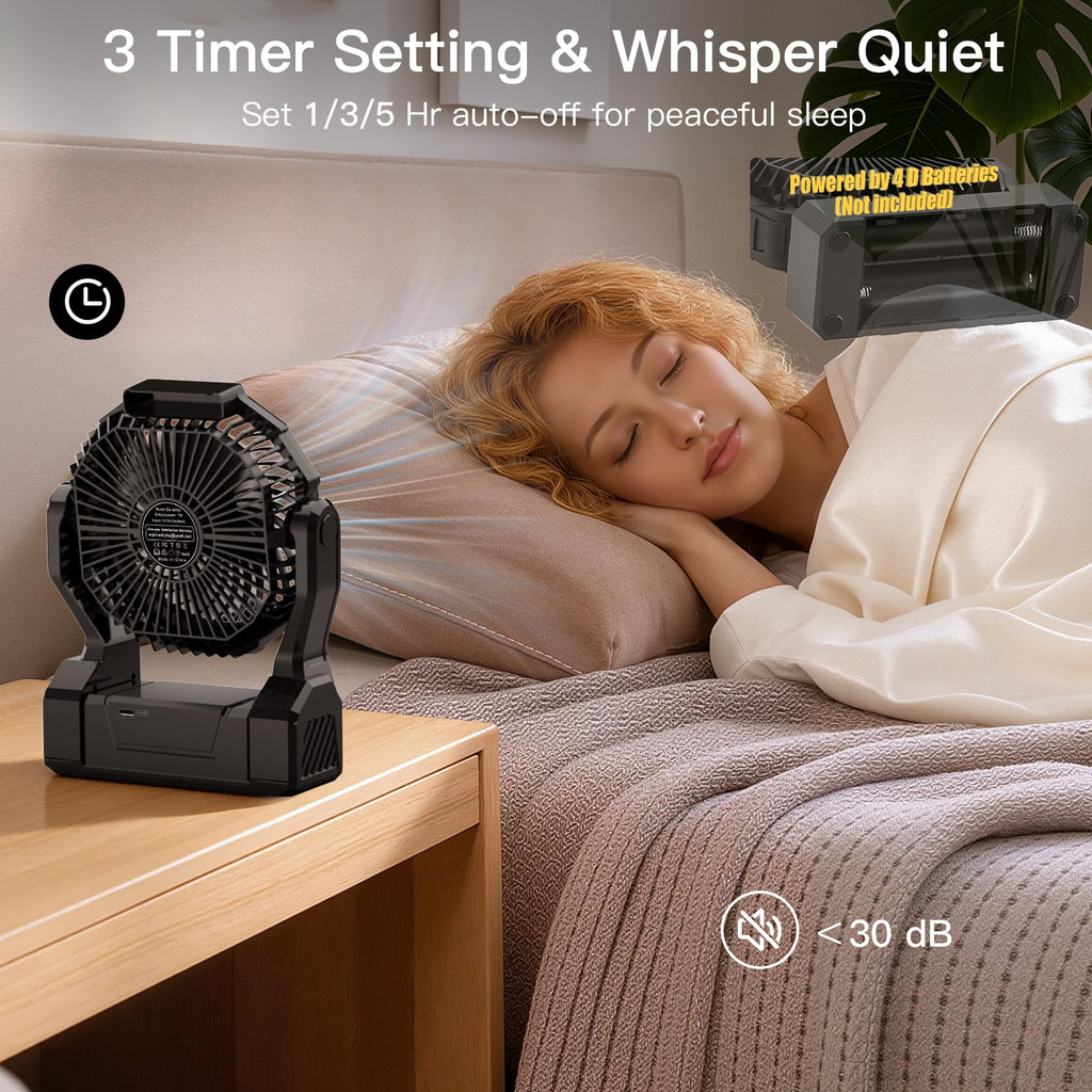 Battery Operated Portable Fan with 4 Speeds, 3 Timers & 2 Light Modes, Black K775