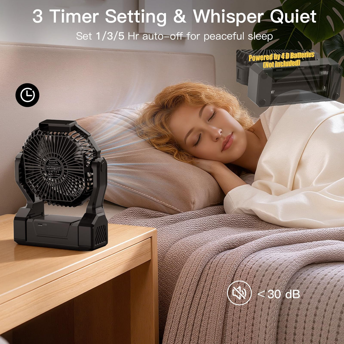 Battery Operated Portable Fan with 4 Speeds, 3 Timers & 2 Light Modes, Black K775