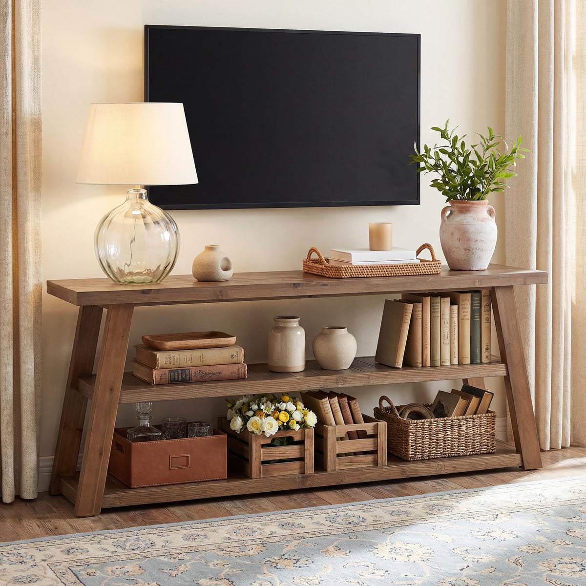 3-Tier Solid Wood TV Stand with Open Storage Shelves G604777