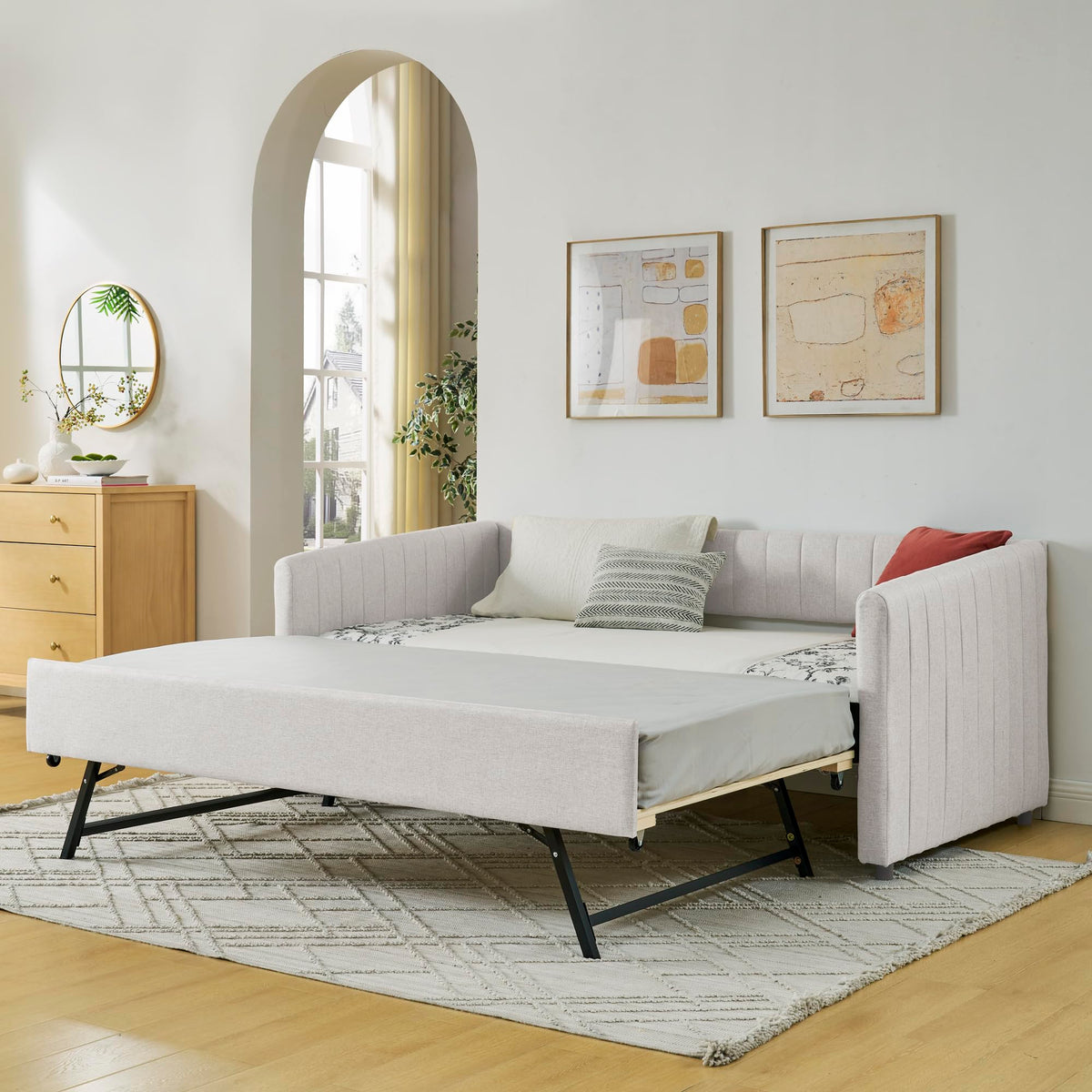 Twin Size Upholstery Daybed with Trundle and Vertical Stripes R338516