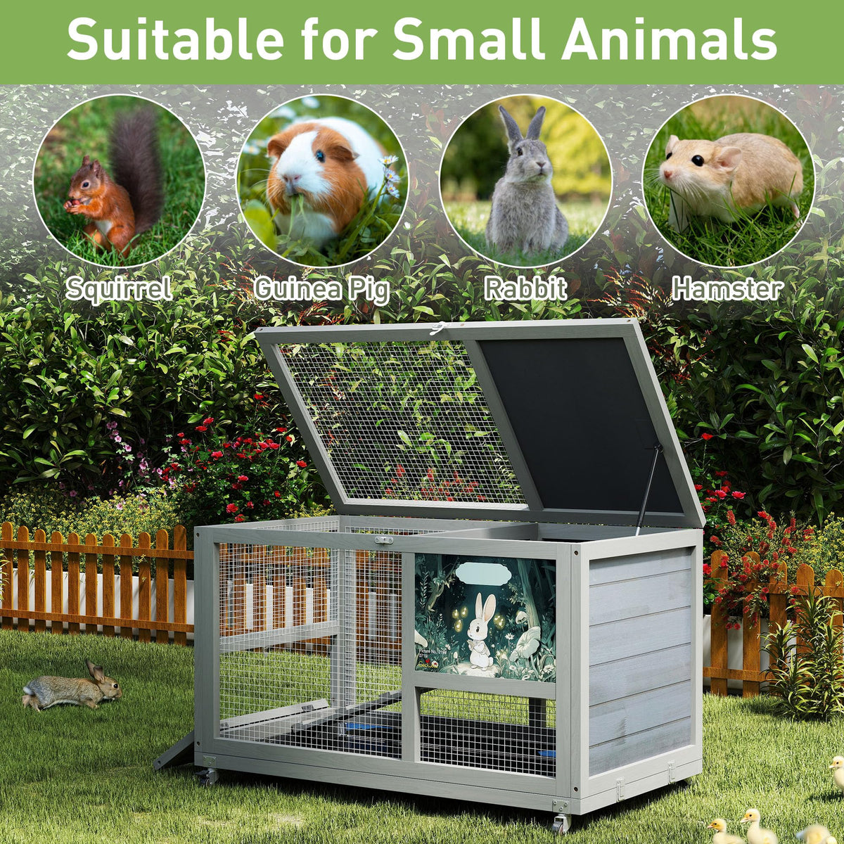 36.5" Two-Level Wooden Rabbit Hutch with Casters & Ramp Z7174