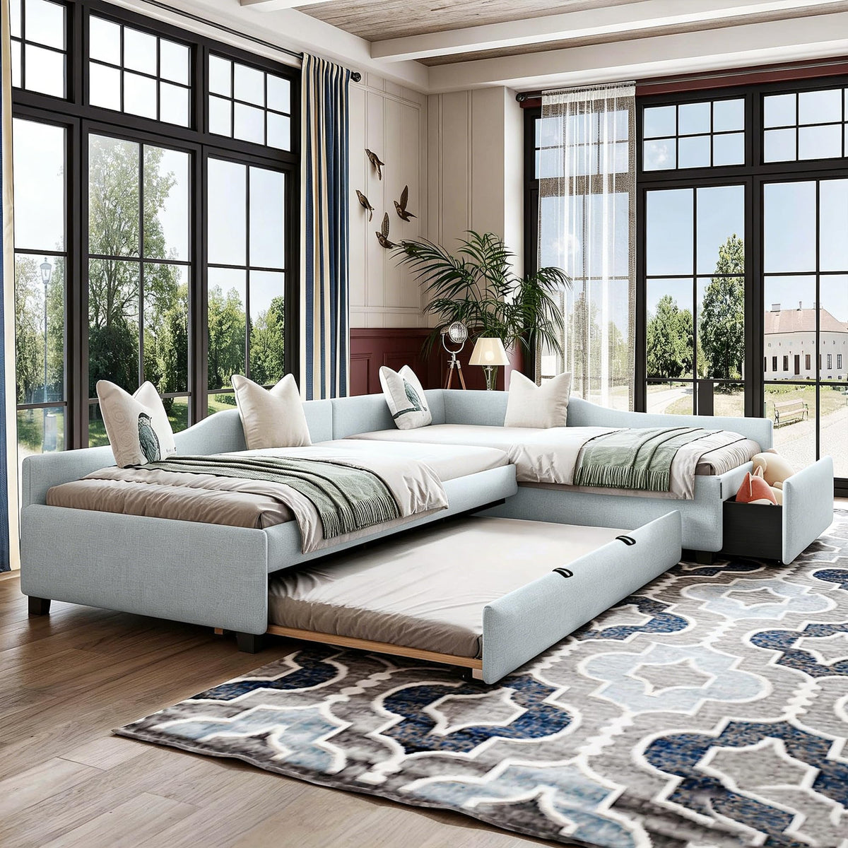 Green Gray Linen Fabric Upholstered Twin Size Daybed with Trundle and Drawer E656