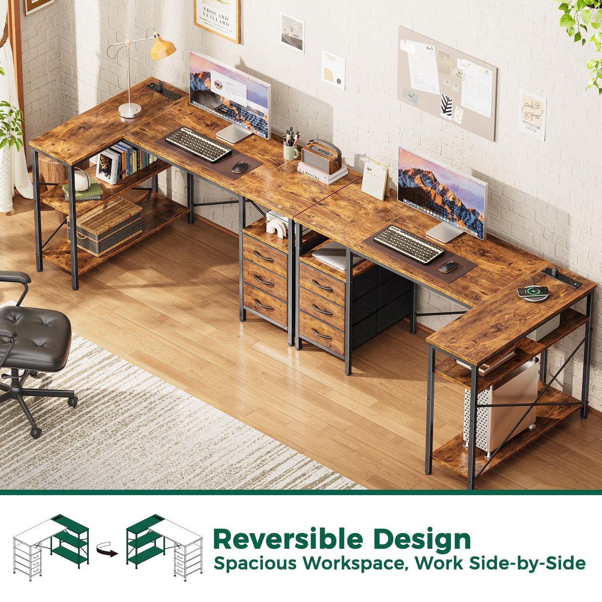 L Shaped Office Desk with Power Outlets & 3 Drawers X3807