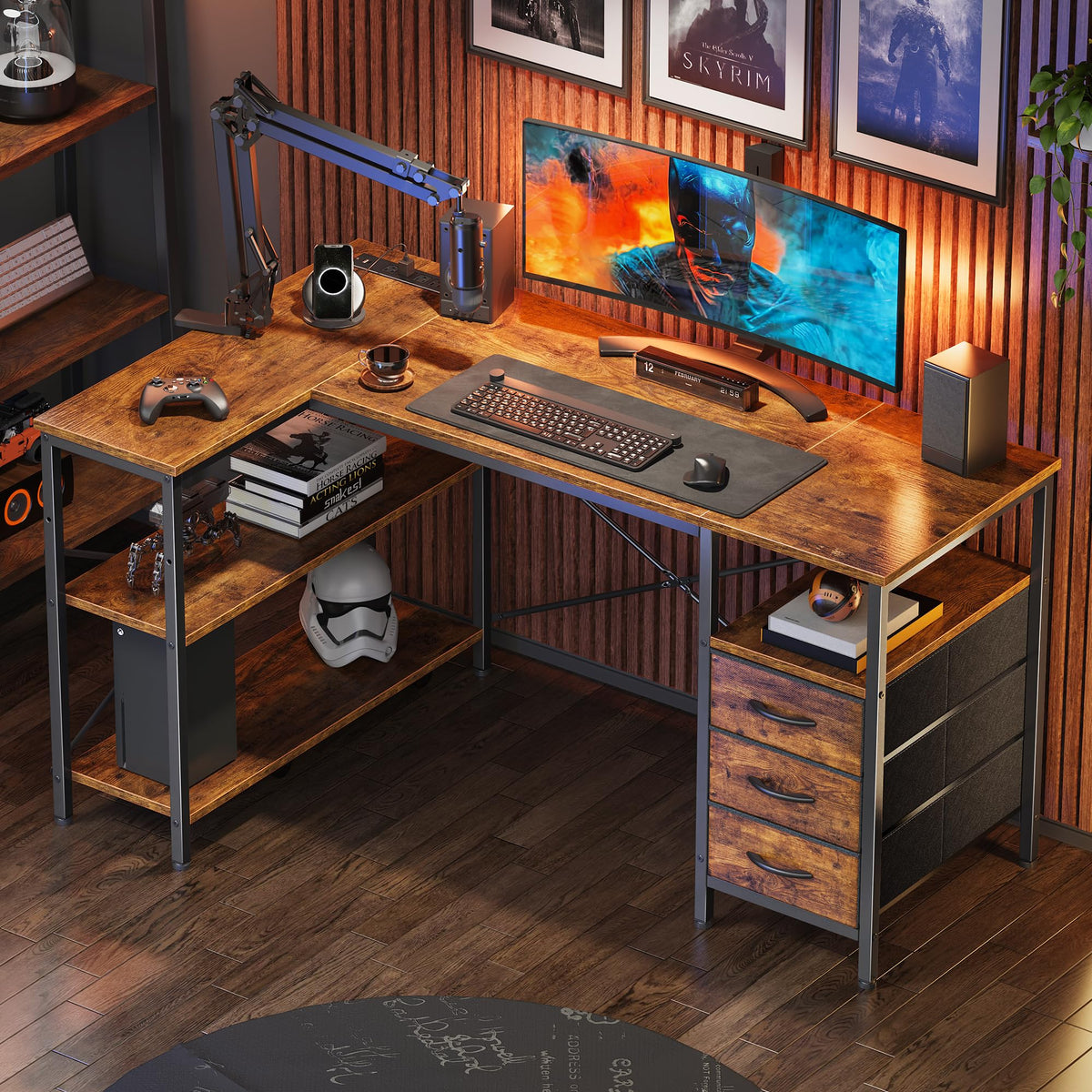 L Shaped Office Desk with Power Outlets & 3 Drawers X3807